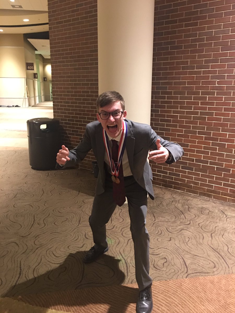 Bulldog_Nationn's tweet photo. Peter Forberg caught up in the excitement after taking 3rd in OO and being a state champion in Extemp. It's about time young grasshopper!!! https://t.co/0pDJ2QahUg
