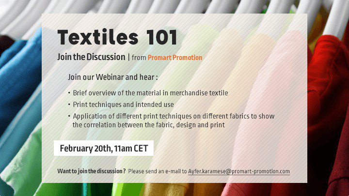 PromartPromo's tweet photo. Join us for Textiles 101 Webinar! Ayfer.karamese@promart-promotion.com. https://t.co/y5eUKub1gd