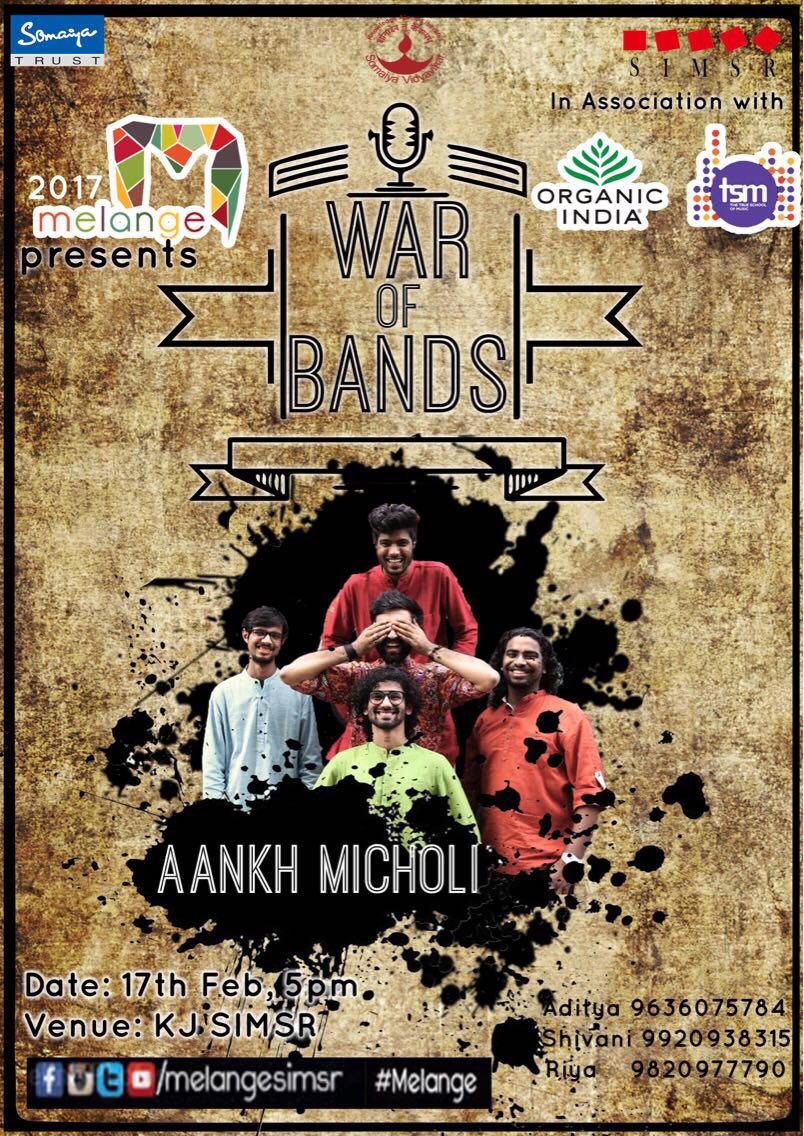 AankhMicholi's tweet photo. Playing at KJSIMR on 17th of feb! #melange #aaokhele #aankhmicholi https://t.co/KoPjjqtmoE