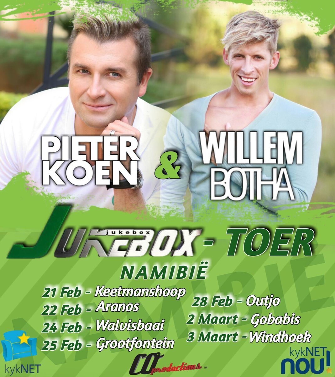 Maak seker jy kom kuier saam met <a href="/Pieter_Koen/">Pieter Koen</a> en <a href="/WillemBotha/">Willem Botha</a> op die @Jukebox_kykNET toer deur Namibië later die maand!