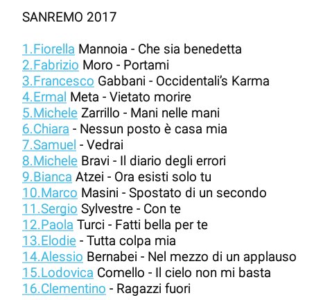 eccomi33's tweet photo. #sanremo2017 #lamiaclassifica https://t.co/SHSvCGHaxI
