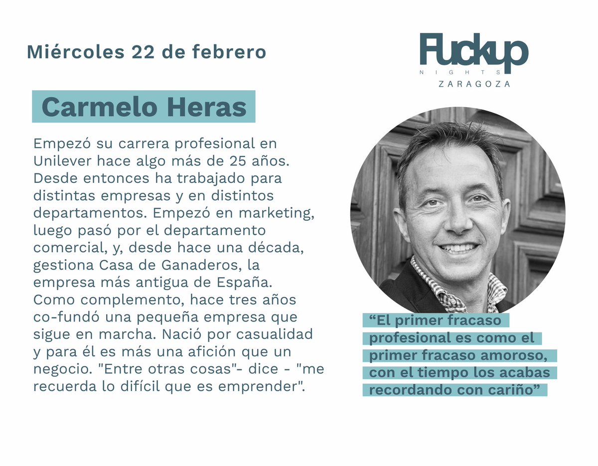 Carmelo Heras será otro emprendedor que vendrá a contarnos su historia de fracaso empresarial 👏🏻😊 ¿Ya tenéis las entradas? #FUNZaragoza #zgz