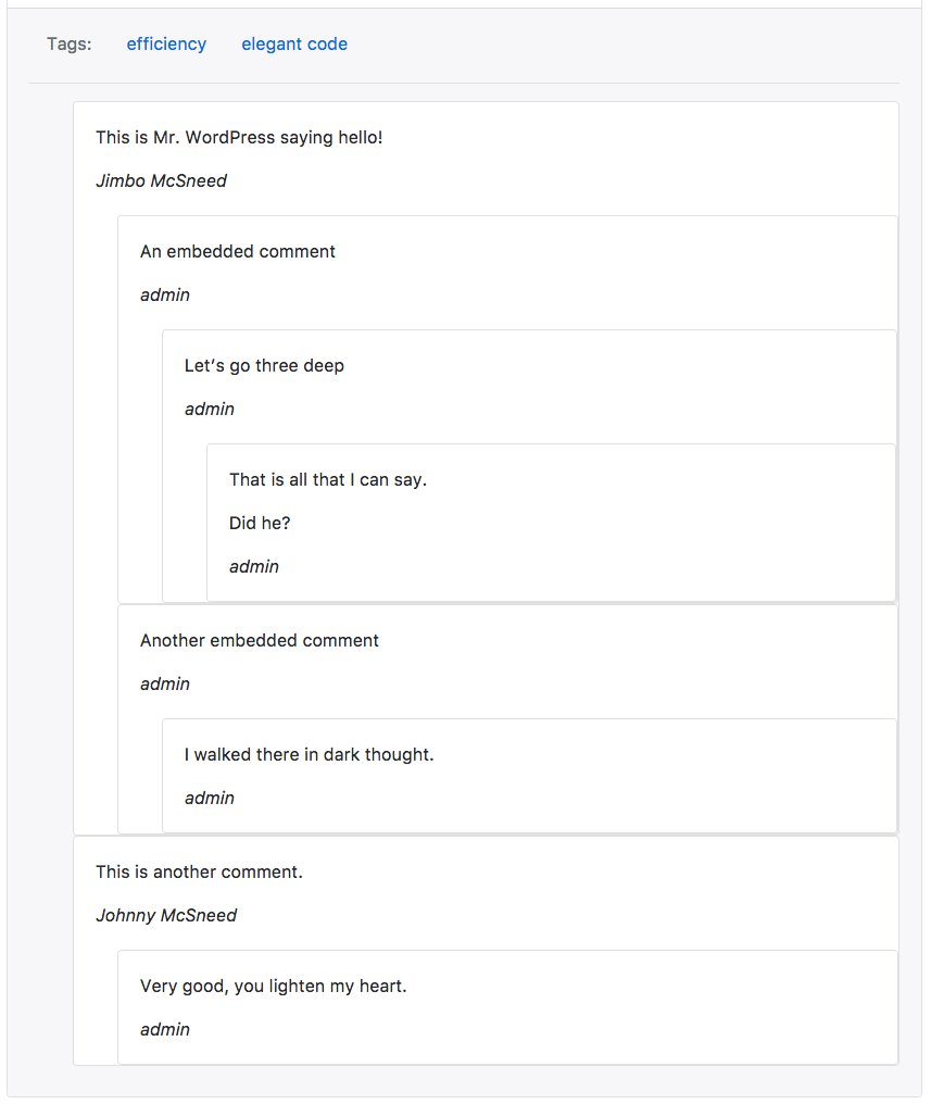 JackReichert's tweet image. Hey check it out!
I rendered threaded comments in my #ReactJS #Redux @WordPress theme using the #WPRESTAPI
github.com/jackreichert/a…