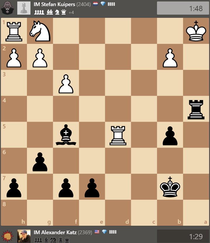 NJKnockouts's tweet photo. IM Katz sacrifices all his pieces and comes away with checkmate! New Jersey leads @ApesApeldoorn 5-2! #prochess https://t.co/V3M85dgURN