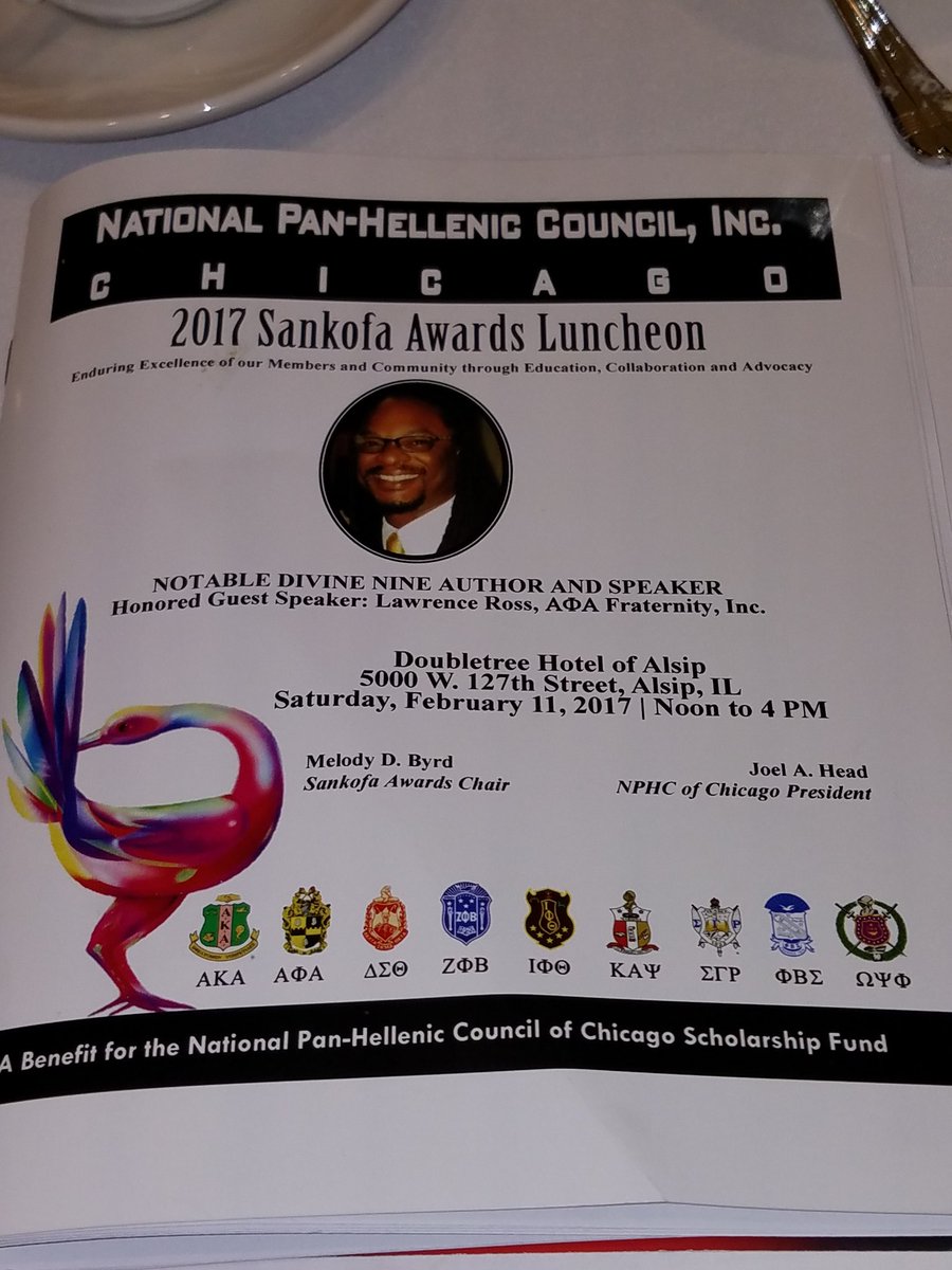 MsToya1913's tweet photo. Lawrence Ross, Author of "The #DivineNine" is our Keynote Speaker at the #NPHC Chicago 2017 Sankofa Awards Luncheon @alpha1906 #NPHCC https://t.co/1TmXy1aJC1