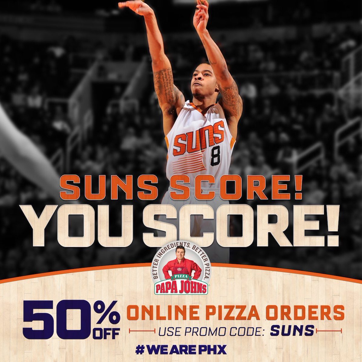 Suns scored 90+ last night earning you 50% off an online pizza order of @PapaJohnsPHX w/ code SUNS https://t.co/o5V9EvVSnH