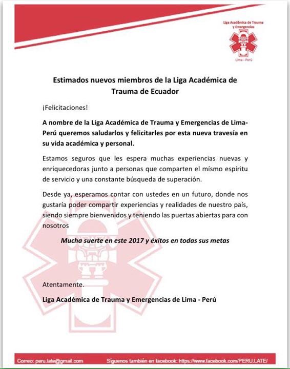 lat_ec's tweet photo. La mayor de las suertes para la Liga Académica de Trauma y Emergencia de Lima-Perú! https://t.co/KTPw9Fi3fH