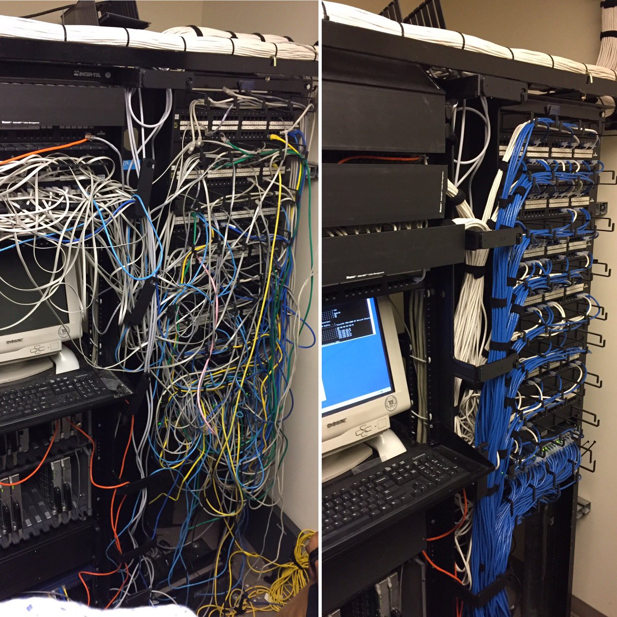 Carlo_RodCorr's tweet photo. I love these little projects. Gotta keep your server room in order #IT #beforeandaftet #sexycables https://t.co/v1KQsSYsff