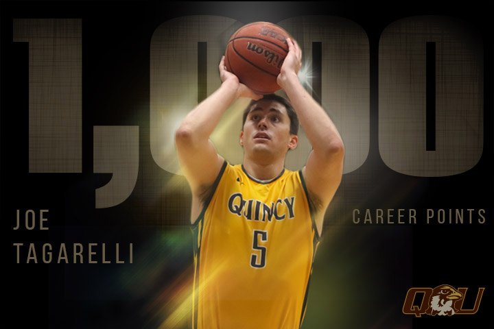 QUHawks's tweet photo. Congratulations to Joe Tagarelli, who scored his 1,000th career point with a layup in the 2nd half this afternoon! #GLVCmbb https://t.co/QRc6sg0i31
