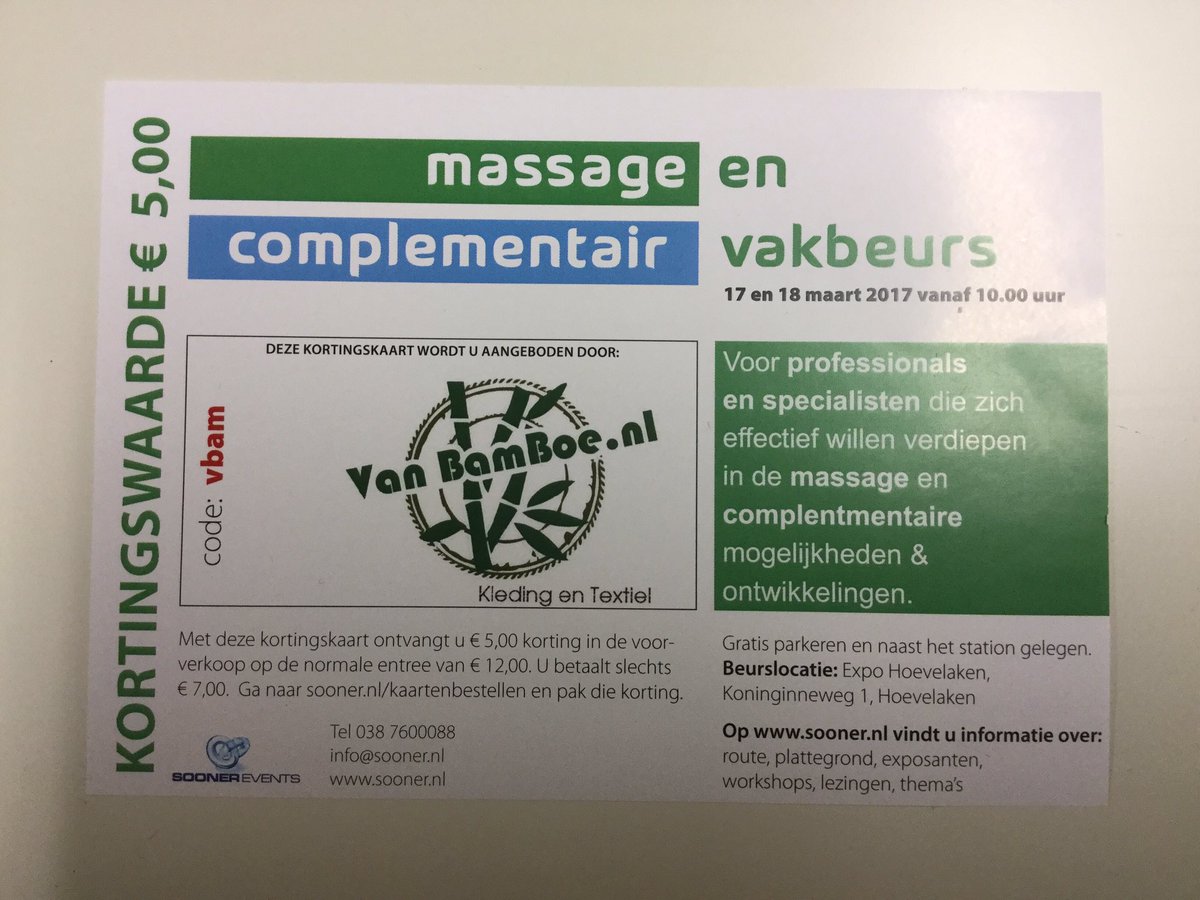 vanbamboe's tweet image. €5,00 KORTING!!
Met code: vbam op sooner.nl 

Voor de Massage en Complementair vakbeurs op 17/18-3