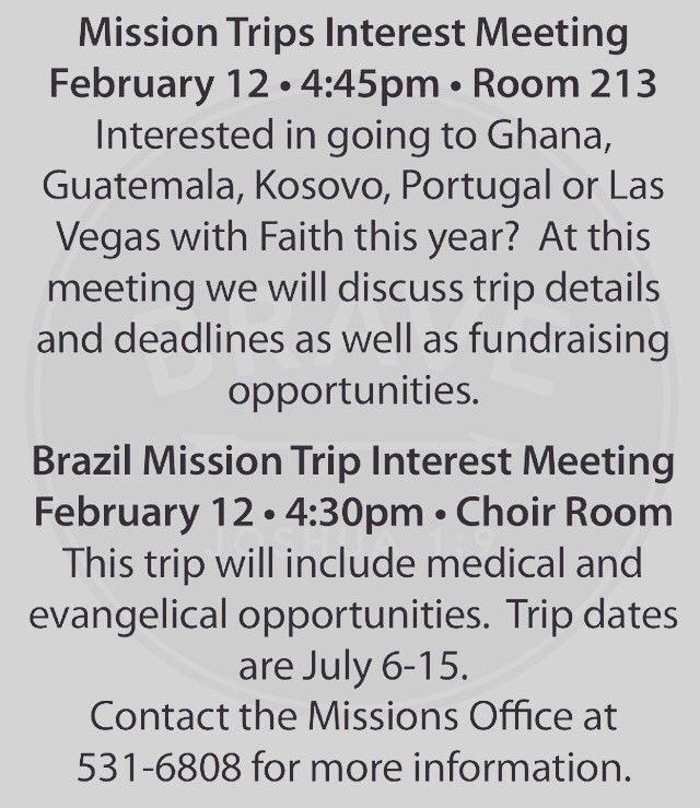 FaithOnMission's tweet photo. Come tomorrow afternoon to hear how you can be involved this summer in our mission efforts! https://t.co/XJaG6YECT9