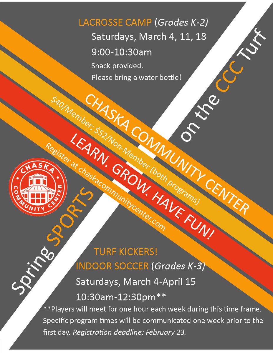 ChaskaCommCtr's tweet photo. It will soon be time for spring sports!
Lacrosse Camp https://t.co/k4MPk7TWW4 
Turf Kickers Indoor Soccer https://t.co/Aj3ofQfDLF https://t.co/7tmCKwzhWu