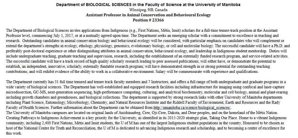 AnneWHilborn's tweet image. University of Manitoba is hiring an Indigenous scholar to be an  Assistant Professor in Animal Conservation/Behavioural Ecology