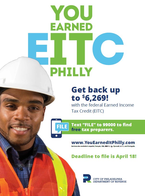 PHLPublicHealth's tweet photo. You can get back up to $6,269 dollars from your taxes! You earned it, you should get it. #YouEarnedItPhilly https://t.co/rRJbdSAyGO #EITC https://t.co/EKazzFlvdS