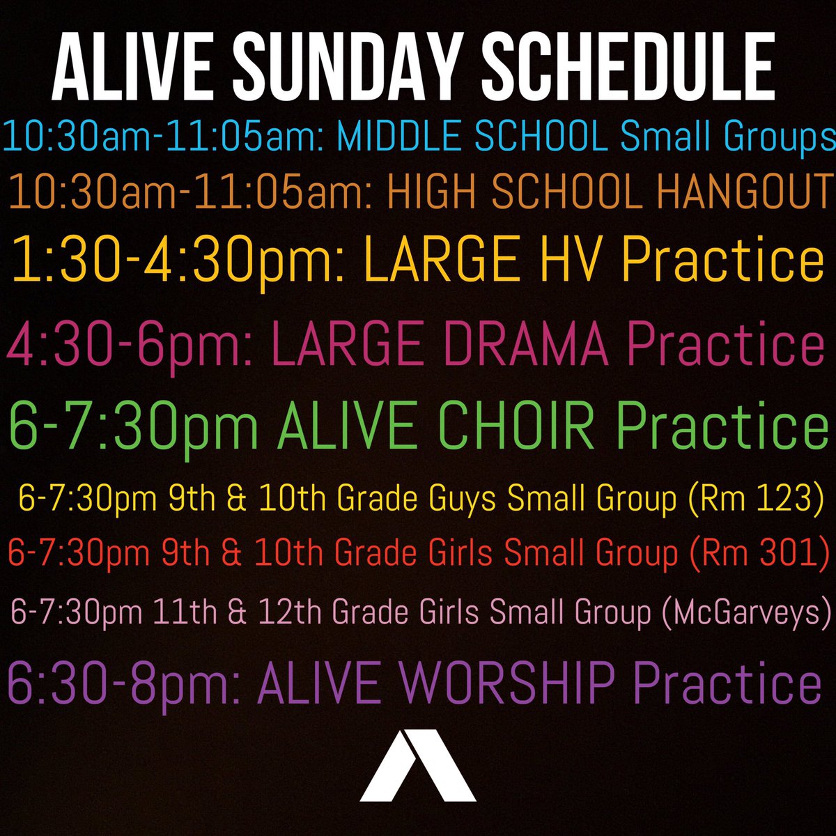 ALIVEcolumbus's tweet photo. With the HS Small groups rolling back out this week, here's our new Sunday Schedule! See you tomorrow!
#smallgroupsareforeveryone https://t.co/1ZHaJpTPrs