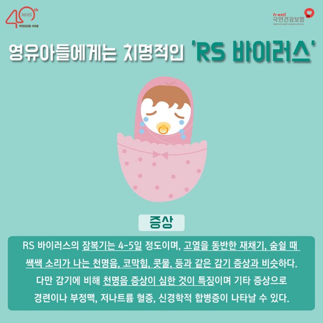 nhis_kr's tweet photo. 요즘같은 날씨에 감염률이 높은 #RS바이러스💨영유아 호흡기 질환 발병의 원인인 RS바이러스는 감기 증세와 비슷하지만 심하면 폐렴이나 모세기관지염을 일으켜 후유 질환으로 발전할 수 있으니 주의해야 해요👶

#영유아바이러스 #국민건강보험공단 https://t.co/AH4sL78qOY