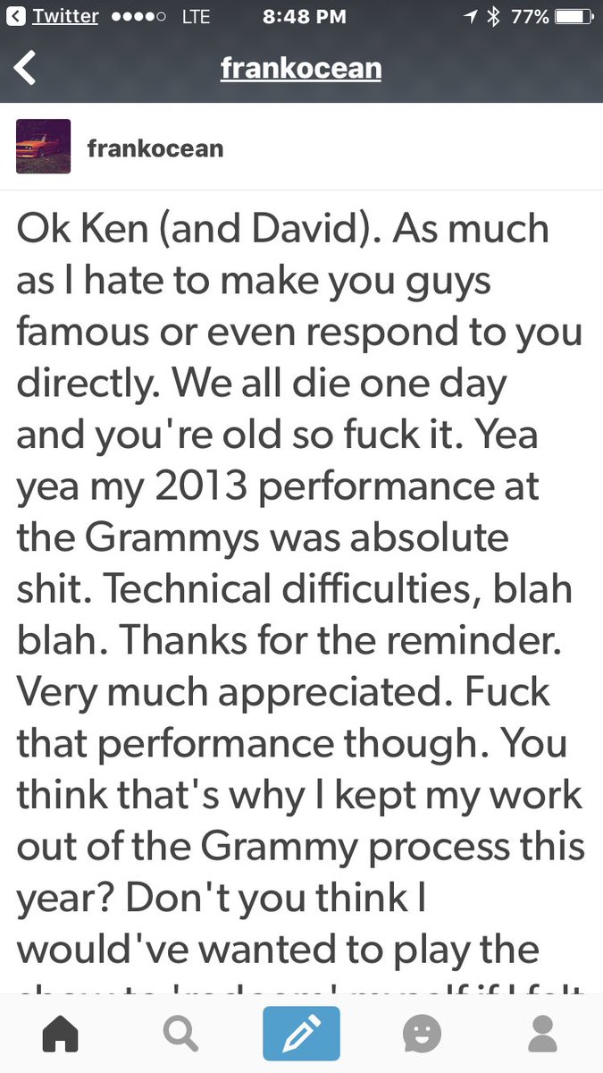1thirdMNDG's tweet photo. Frank Ocean on the Grammy's👀 https://t.co/wGP04alQc6