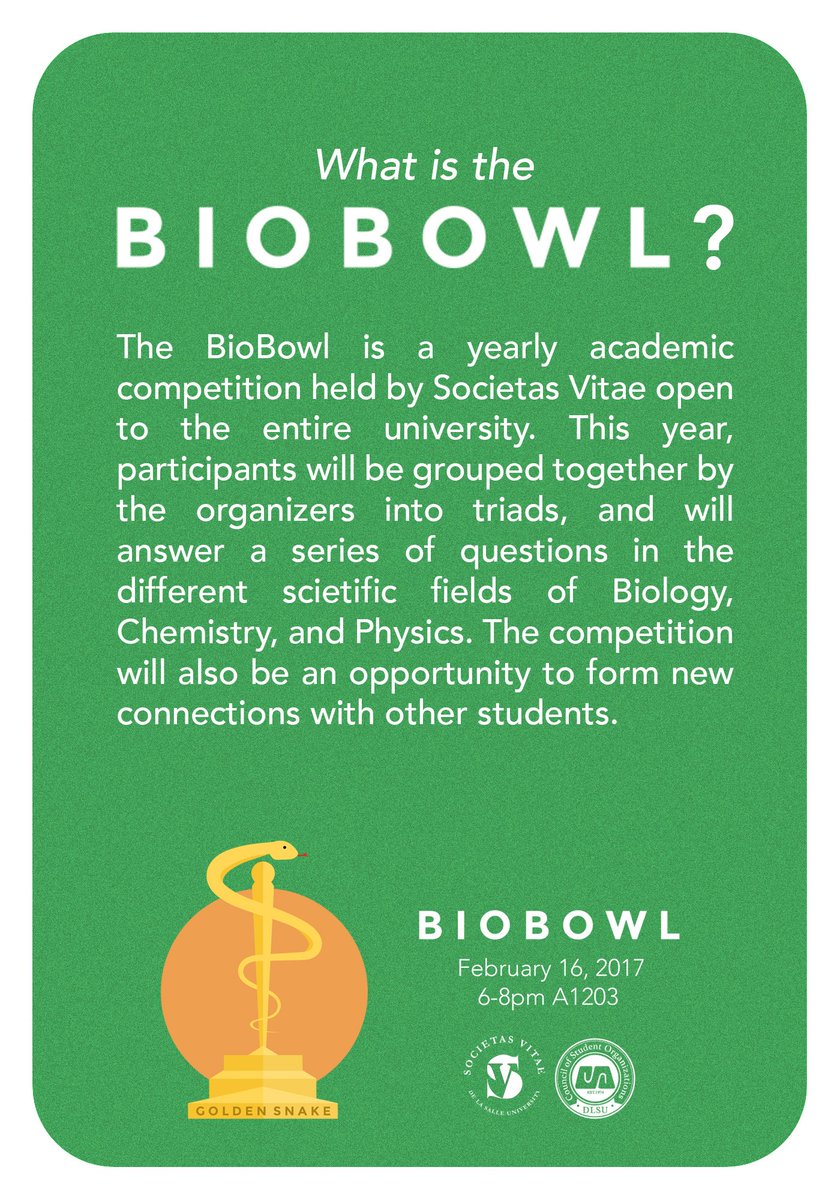 societasvitae's tweet photo. Do you have what it takes to be the next Biobowl 2017 quiz bee champion? 

SIGN UP NOW AT https://t.co/Yq41K1dckT ! https://t.co/u52rTNMvg4
