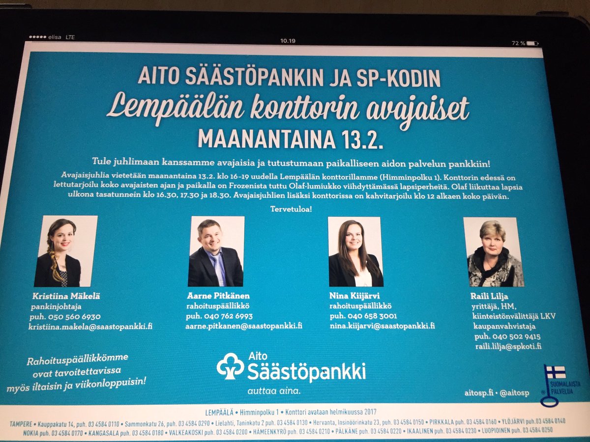 JaniEenola's tweet photo. Huomenna @aitosp 'n #Lempäälä 'än avajaiset. Tervetuloa! #pankki #finanssiala https://t.co/PckgnSLMXm