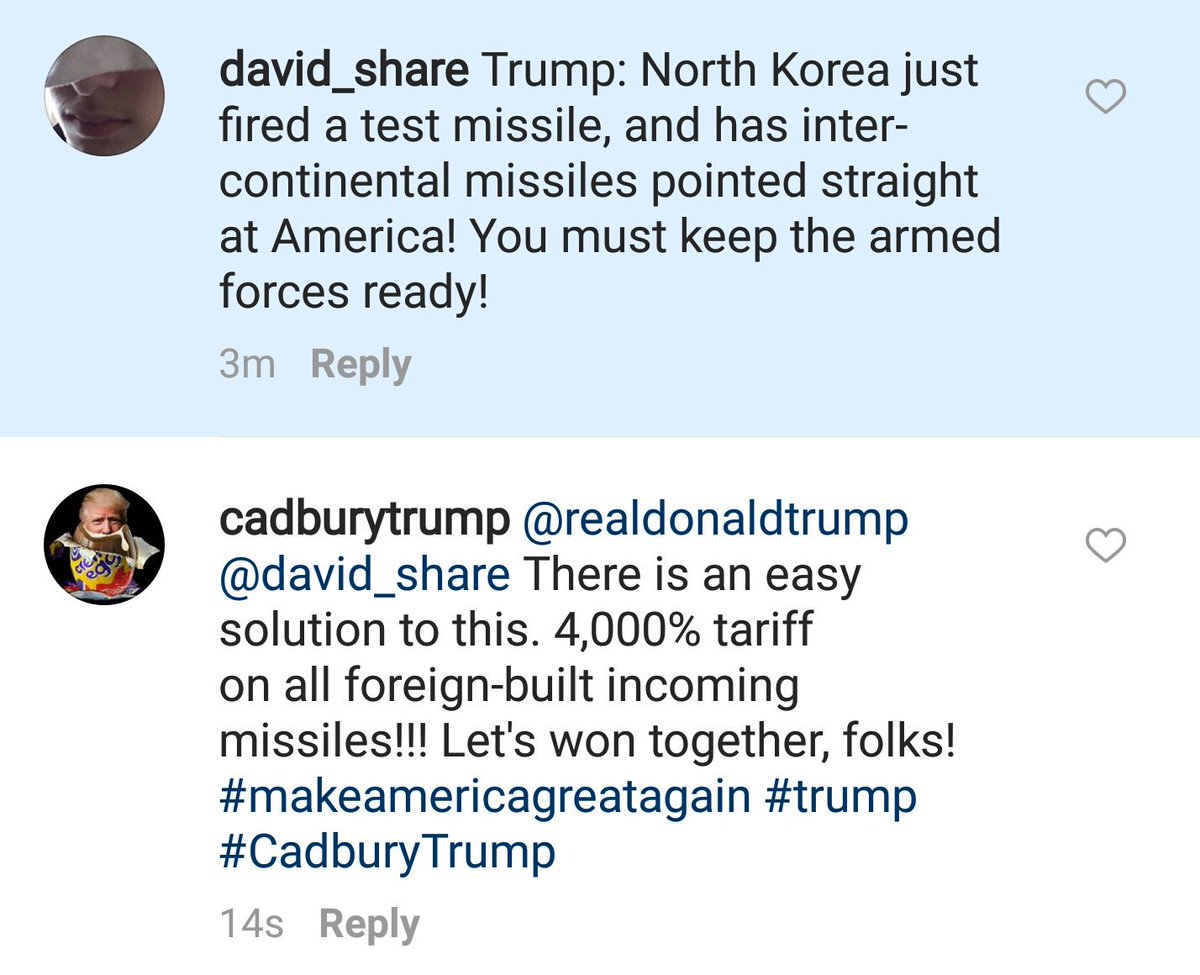 CadburyTrump's tweet photo. Peace through tariffs, folks!!! #America is being restored! No trade wars - 7,400% #tariff on foreign-made trade wars! #MakeAmericaSafeAgain https://t.co/SYrcvSI84d