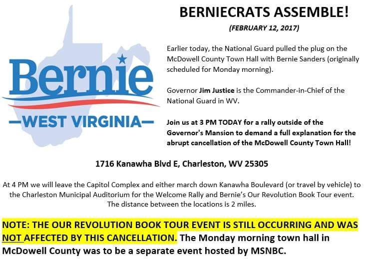 WVPolRevolution's tweet photo. @EricEyre @wvgazettemail Rally tomorrow at Governor's Mansion 3 PM re: McDowell Town Hall. Rapid response #LetBernieSpeak #LetMcDowellSpeak https://t.co/R7kF9ILuT3