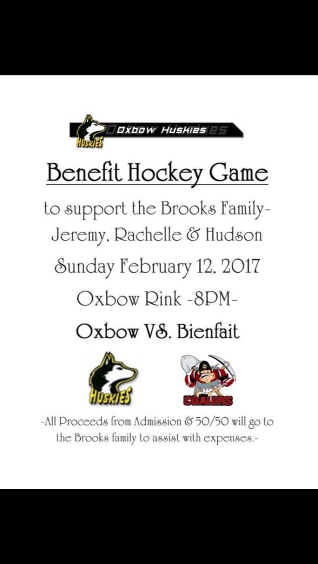OxbowHuskies's tweet photo. Come on out and watch some playoff hockey and help support Jeremy, Rachelle and their son Hudson. Let's pack the place!! #bigsixhockey https://t.co/goRuqph3pM