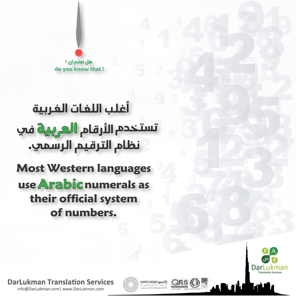 darlukman's tweet photo. هل تعلم أن أغلب #اللغات_الغربية تستخدم الأرقام #العربية في نظام الترقيم الرسمي.
https://t.co/uFKS0tvKBx
#Translation_Services https://t.co/F6orNXyPHf