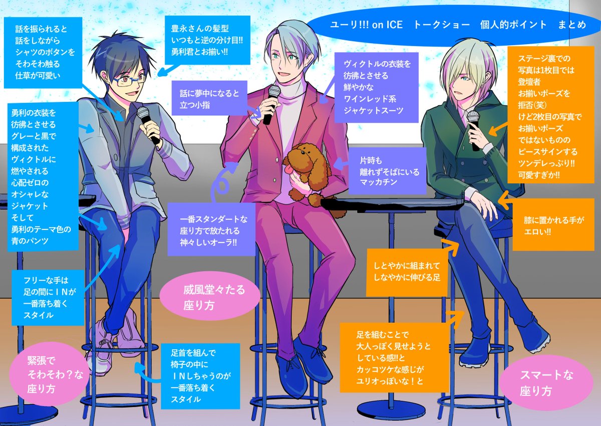 右手 五悠沼 昨日のユーリオールナイト上映の トークショー部分 個人的に悶えたポイント集 何気なく座っているお姿が三者三様で その姿が演じているキャラクター然としていて 改めて キャストの皆様のシンクロ率の高さを感じましたぞ Yoi ユーリ On