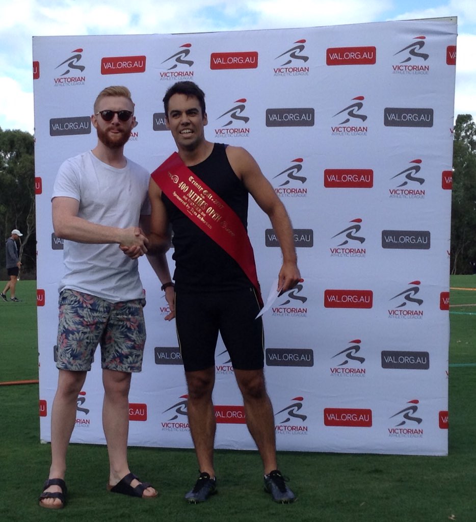 VicAthLeague's tweet photo. RESULT: Tom Robertson 400m Open final, won by Nick Howard. #TrinityGift https://t.co/OmbbSnS0Yz