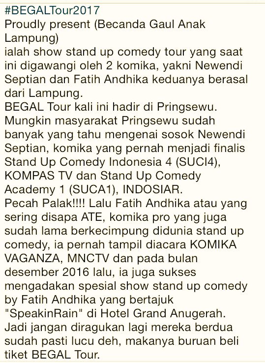 komtungTV's tweet photo. 5 MARET! | #BEGALtour @newendi &amp; @fatihandhika | Gd. Aula Yadika Pringsewu | 13.00 WIB Info: @StandUpIndo_LPG https://t.co/yZM5Ibtjvb