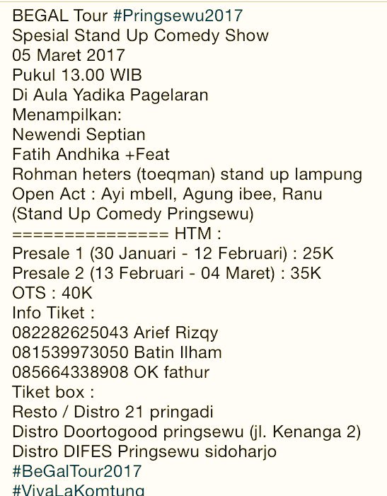 5 MARET! | #BEGALtour @newendi &amp; <a href="/fatihandhika/">ATE</a> | Gd. Aula Yadika Pringsewu | 13.00 WIB Info: <a href="/StandUpIndo_LPG/">Standupindo Lampung</a>