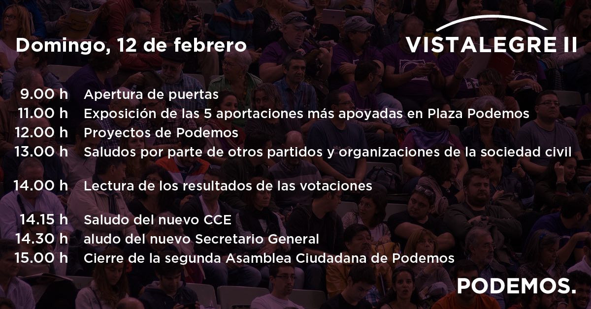 podemoscsfh's tweet photo. Buenos días! Os dejamos los horarios del segundo día de Vistalegre II. #CierreVistalegre2 https://t.co/MZpjheKMr4