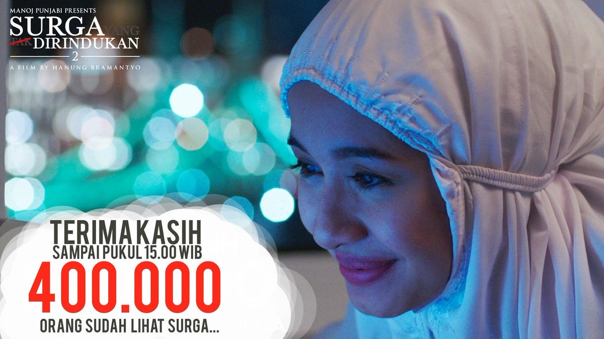 ManojPunjabiMD's tweet photo. Terima kasih karena #WeekendNontonSurga! Sampai jam 3 Sore WIB hari ini, lebih dari 400.000 orang Lihat Surga... 🙏 #SurgaYangTakDirindukan2 https://t.co/2UYYFkeC5N