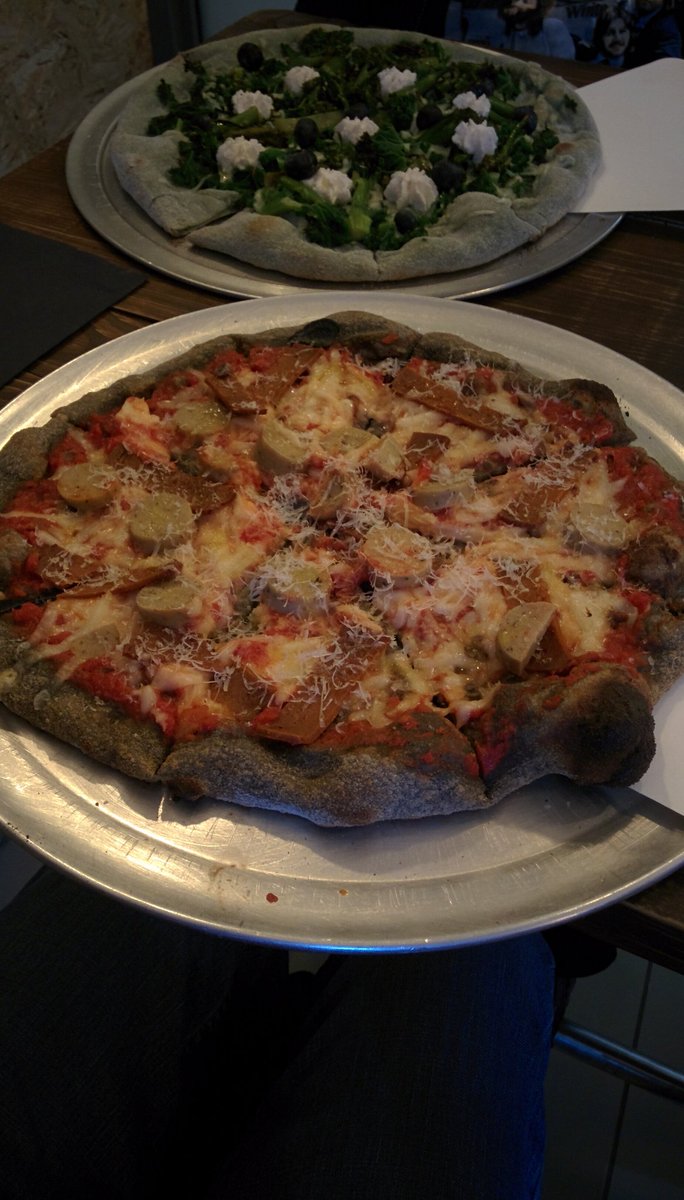 SheddyIan's tweet photo. Vegan temptation pizza with spirulins and blueberry, also "meat" feast. Yum at @PickyWops #pickyourbase https://t.co/NAqiBFN8J3