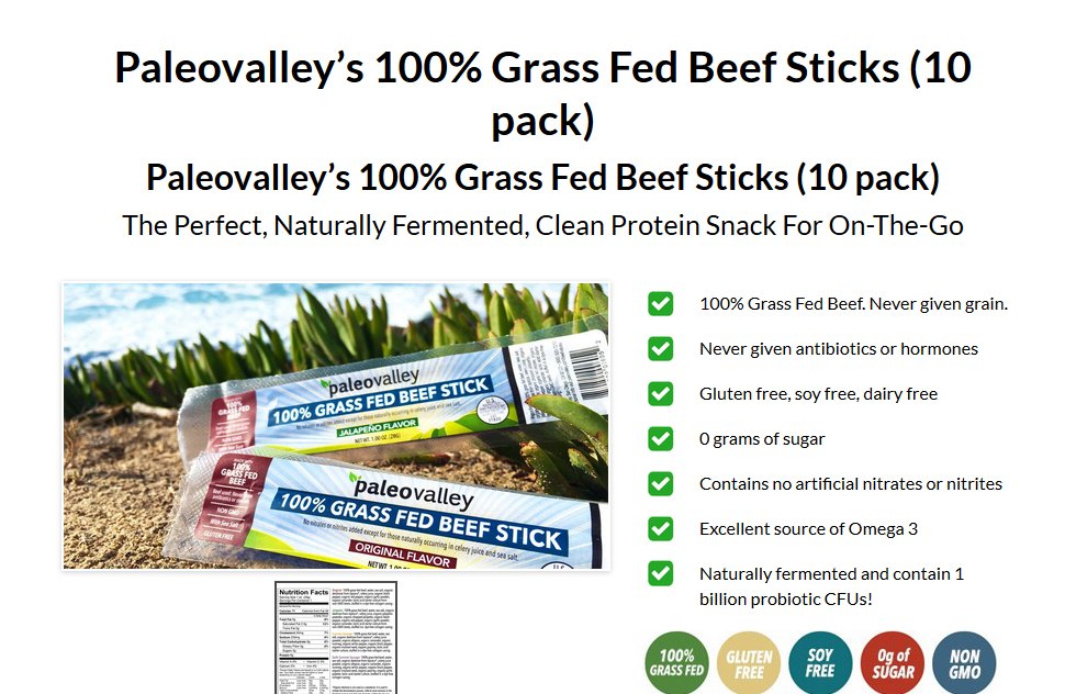 Paleovalley 100% Grass Fed Beef Sticks (10 Pack)