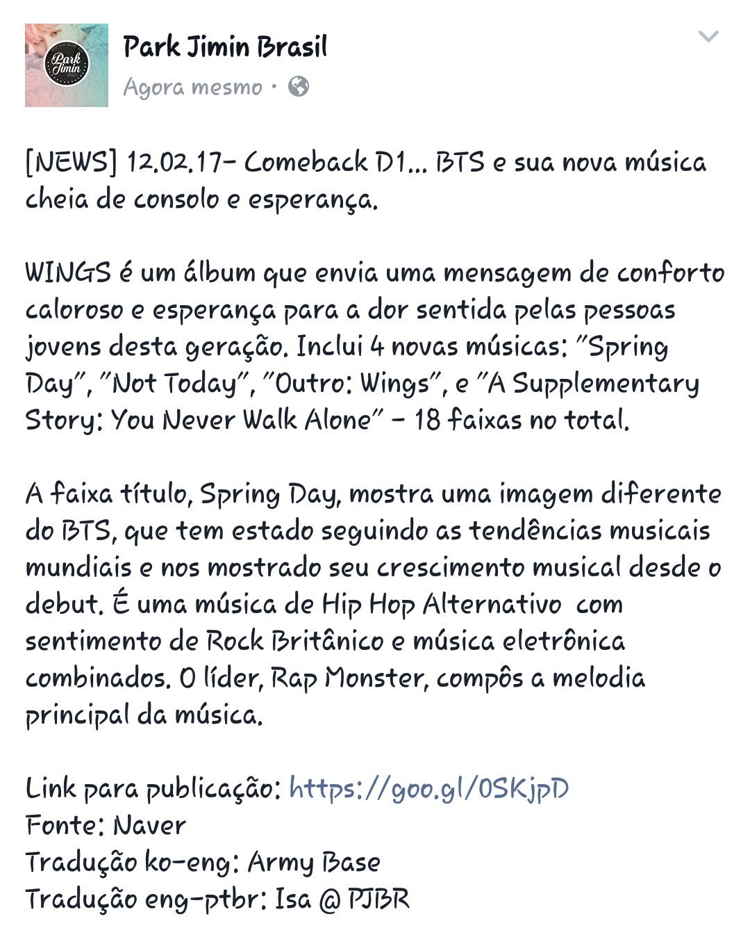 Park Jimin Brasil⁷  Slow on X: [NEWS] 12.02.17- Comeback D1 BTS e sua  nova música cheia de consolo e esperança. Link para publicação:    / X