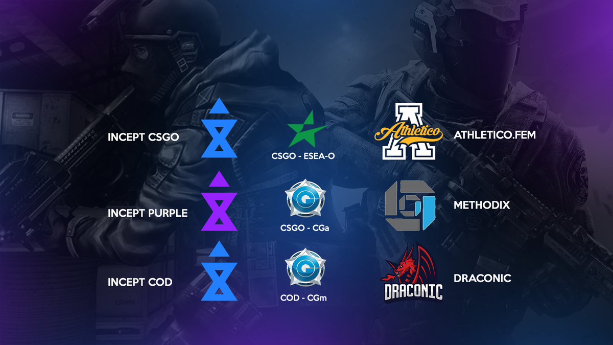 IncepteSports's tweet photo. Jam packed night tomorrow as #InceptCSGO, #InceptPurple & #InceptCOD compete in their respective league matches! #InceptHYPE https://t.co/X1Lk9PFF1b