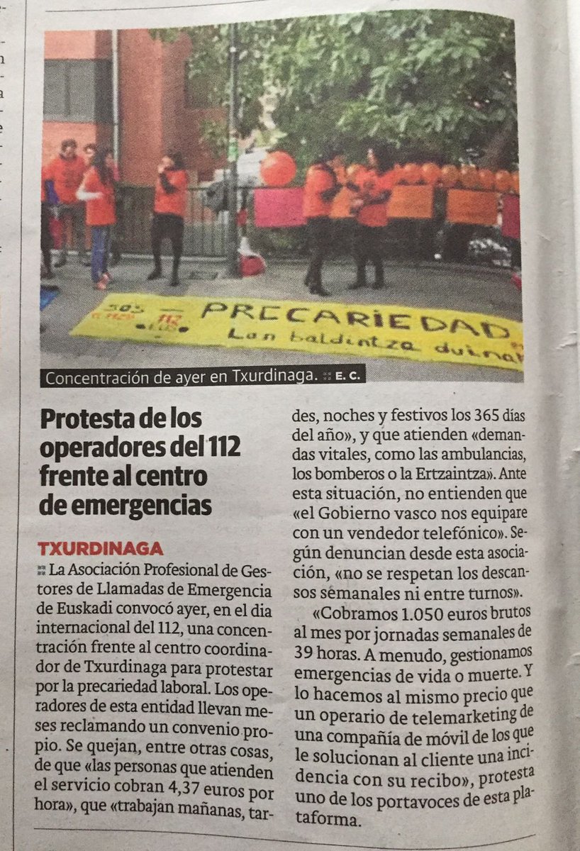 Gestores112Eus's tweet photo. Eskerrik asko gure ahotsa gizartaratzeagatik .@elcorreo_com gracias por darnos voz ante la opinión pública #pnlgestores112eus #112day2017 https://t.co/RJDcuSE8re