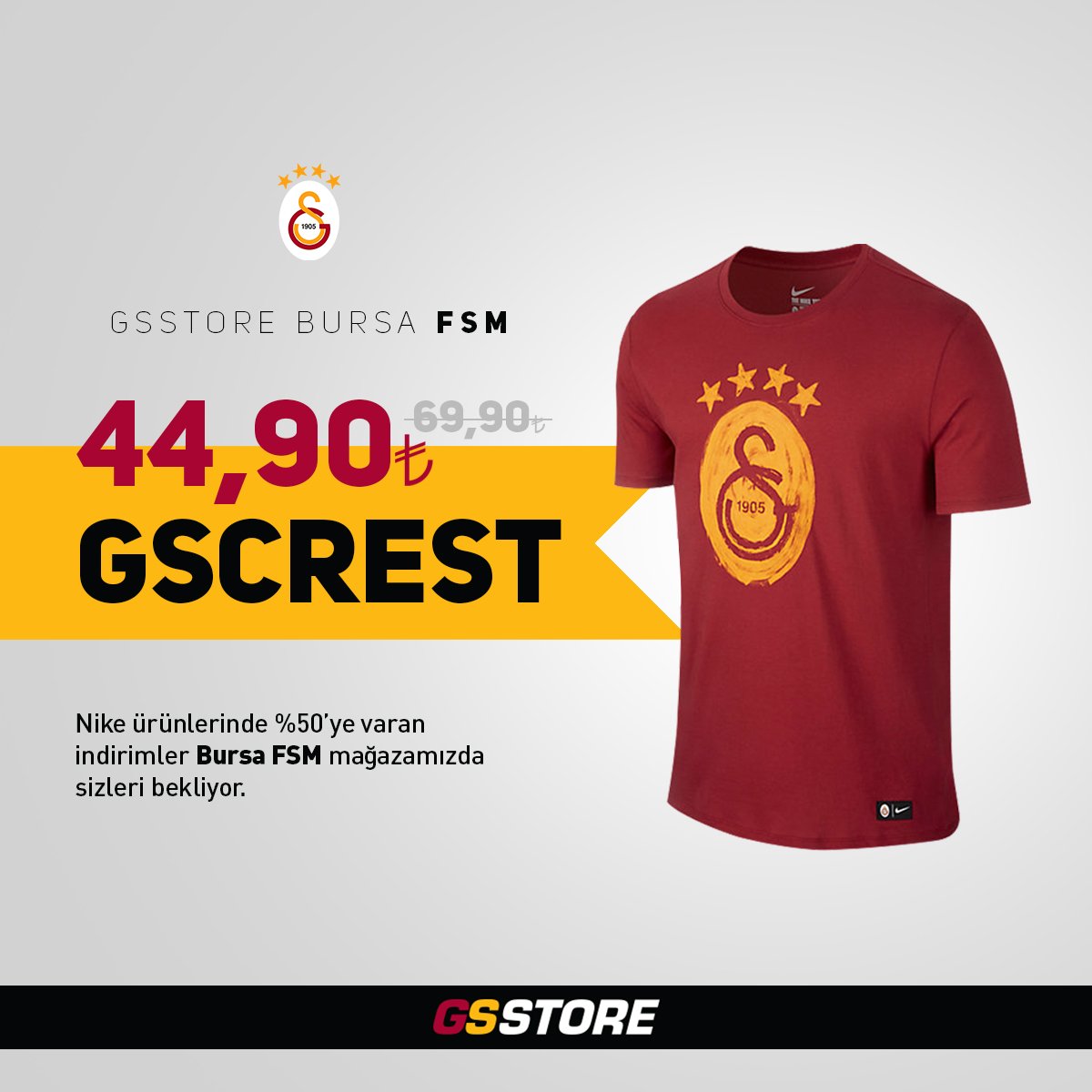 GSStoreBursa's tweet photo. #Nike ürünlerinde %50'ye varan indirimler #Bursa FSM #GSStore mağazamızda.
#BugünGünlerdenGALATASARAY // #GSStoreFSM | 0 (224) 451 51 94 https://t.co/MAXocy1Tmo