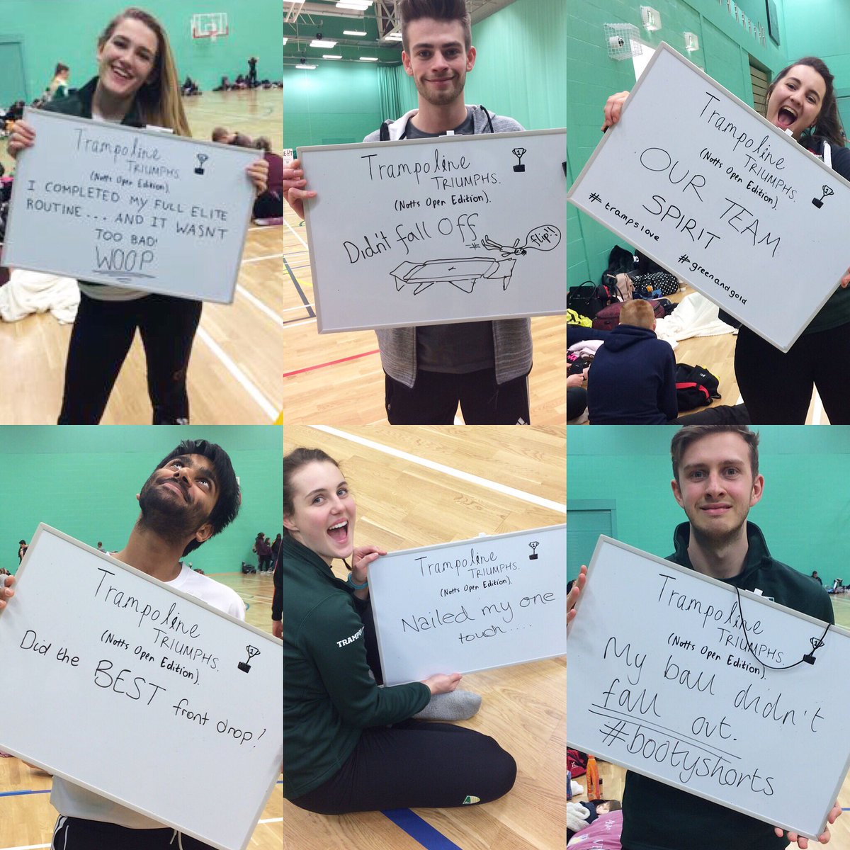 UoNtrampoline's tweet photo. Celebrating the trampoline triumphs from the Notts Open! 🙌🏻👏🏻 #greenandgold #trampoline #nottsopen @UoNSport https://t.co/syyK6QuWVn