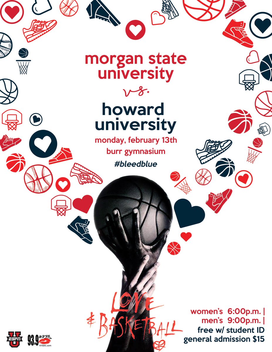 HUBisonSports's tweet photo. Join us for Love &amp; Basketball Night In The Burr on Monday, Feb. 13 when Howard hosts Morgan State at 6pm &amp; 9pm (ESPNU)! ❤️➕🏀 https://t.co/kBVUsMNoQ2