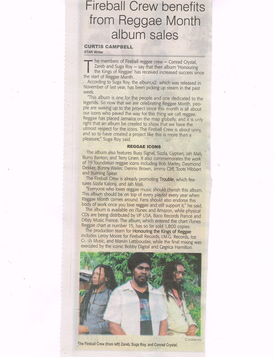 fireballrecord's tweet photo. New article release today in the star Jamaica newspaper
Fireball Crew benefits from Reggae Month album sales
Suga Roy &amp; The fireball Crew https://t.co/GKq4lYl6cv