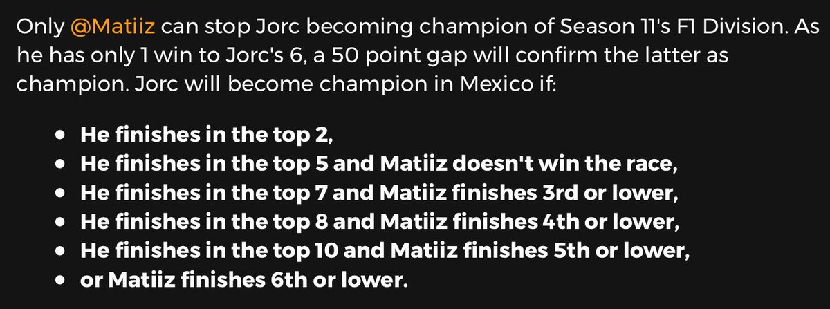 LeagueXRL's tweet photo. The Season 11 F1 title could be won by @Jorc94 tonight in Mexico! Only RG Matiiz can stop him...

🇲🇽🏆📊 https://t.co/G0Y8o8NyZz