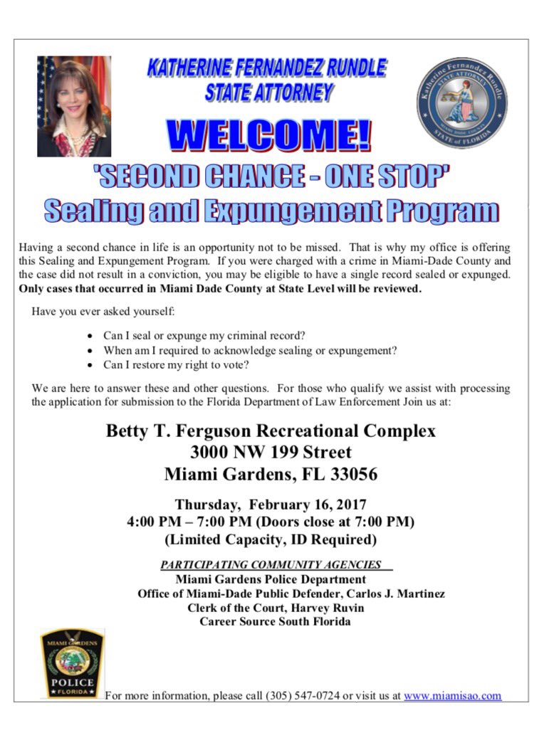 JesSinkfield's tweet photo. Sealing &amp; expunging non-violent records Thursday with @MiamiGardensFL Police Department! Second chance. https://t.co/vy0jQs7fUf