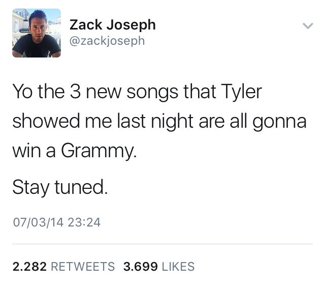 PilotsBrasil's tweet photo. "As 3 músicas que o Tyler me mostrou ontem irão todas ganhar um Grammy." disse @zackjoseph em 2014. Será que hoje essa visão se profetiza? https://t.co/l0zbye1dCL