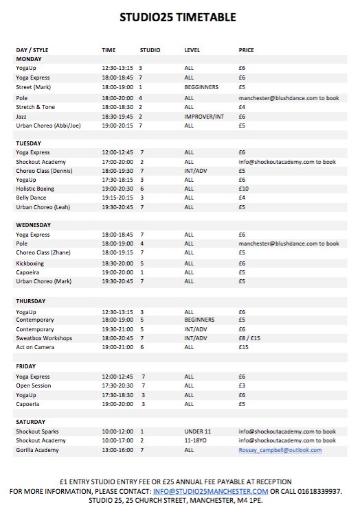 studio25_manc's tweet photo. ARE YOU LOOKING TO TAKE CLASSES IN MANCHESTER? 
Have a look at our updated timetable and come along to Studio25. https://t.co/RXmrxfrgCr