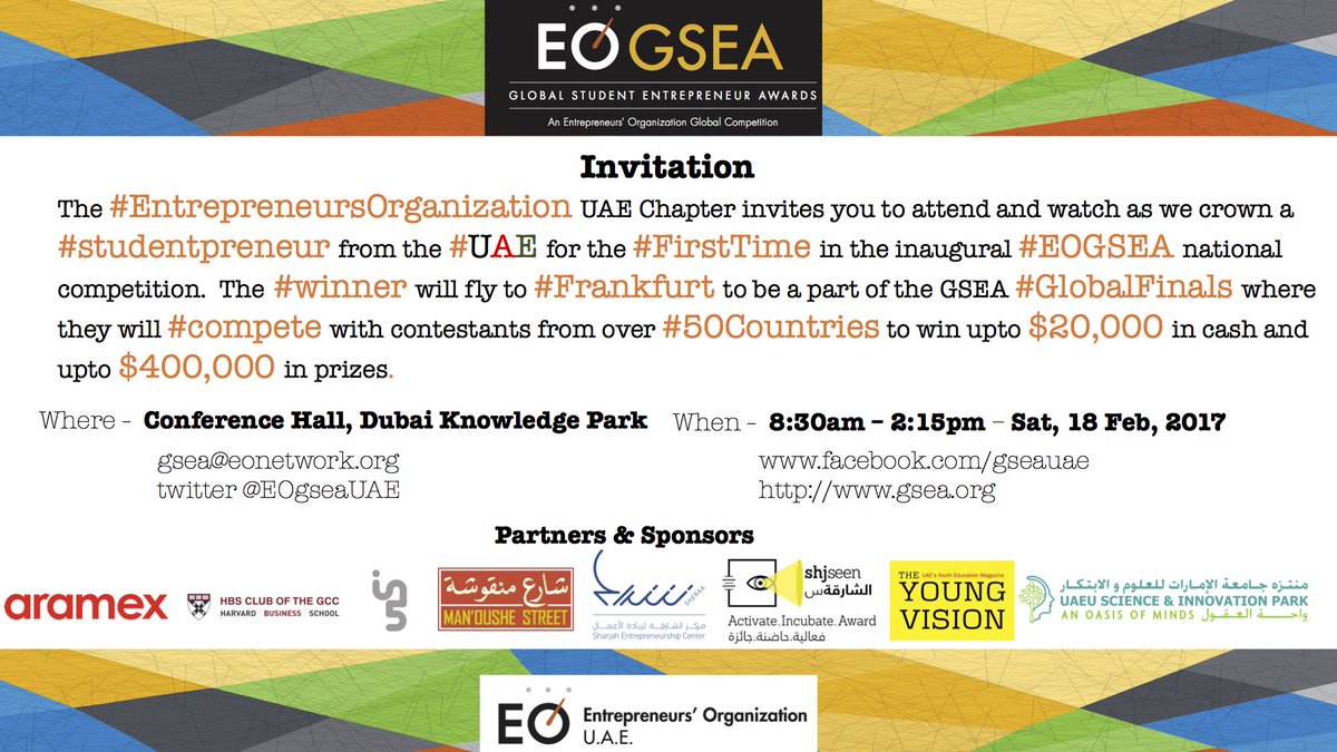 EOgseauae's tweet photo. The Global Student Entrepreneur Awards (#GSEA) #UAE Finals take place this Saturday. Thank you to event supporter @Aramex. https://t.co/JpeFvNI1eV