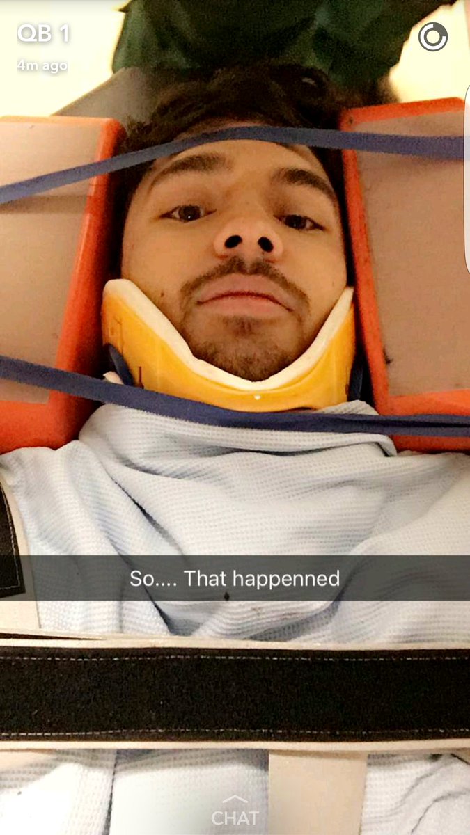 QB1 currently in hospital getting treated for what seems like a spine injury - still got time for a selfie though! #priorities #nosextoday