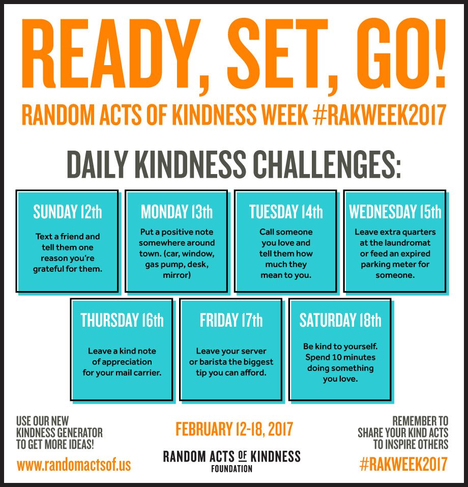 RAKFoundation's tweet photo. Happy Random Acts of Kindness Week! Let's turn the world kind with these 7 daily kindness challenges #RAKWeek2017 https://t.co/a89OAX8n6g