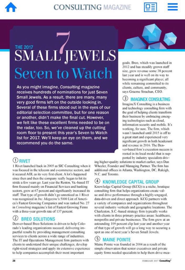 scottmcguiney's tweet photo. Proud ImagineX Consulting has been selected to Consulting Magazine's 2017 Seven (Small Jewels) to Watch! #whyix
https://t.co/mnan0n5h9E https://t.co/41Tl3QwwWl